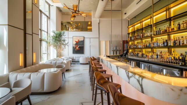 A sophisticated and stylish cocktail party venue design boasting a clean white canvas backdrop, Artfully displayed minimalist cocktail menu, Fashion-forward minimalist style