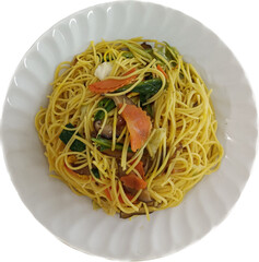 Vegetarian Stir-fried Noodles in white plate Isolated on white background 