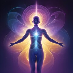 human body soul aura neon glow blue and pink black background silhouette chakra vital energy concept mind esotericism psychology