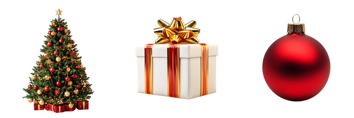 Set of A beautifully decorated Christmas tree adorned with twinkling lights, surrounded by neatly wrapped gift boxes on transparent background. Ai generated