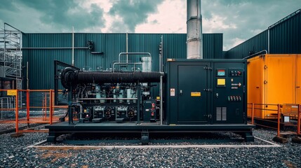 Obraz premium Emergency diesel generator setup with industrial black finish photographed