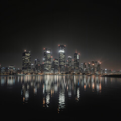 Obraz premium Stunning Night Skyline of a City with Skyscrapers Reflected in Calm Waters under a Starry Sky