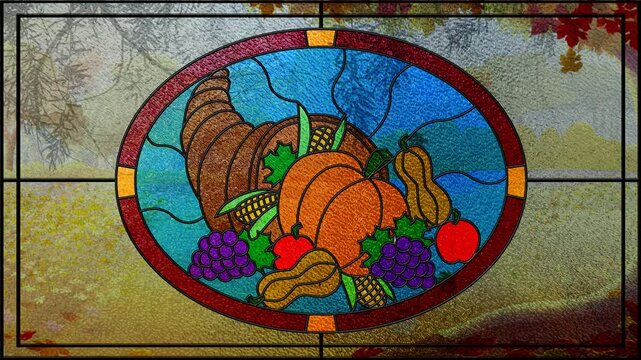 Stained Glass Thanksgiving Sunny Fall Day 4K Loop features a stained-glass window with a picture of a horn of plenty with a fall scene through the window with leaves falling in a loop.
