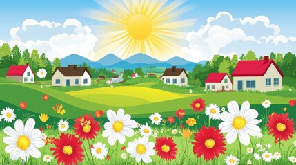 Fototapeta premium Village Panorama: Green Meadows and Blue Skies in a Cartoon Landscape