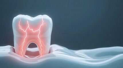 Digital depiction of a tooth with lightning bolts indicating pain, transforming into calm waves as relief takes over, dental pain, relief