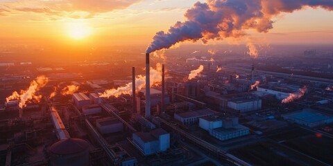 Aerial view of a sprawling factory complex at dawn, vast industrial landscape