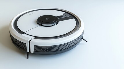 Fototapeta premium White and silver robot vacuum with a black button on the front, isolated on white.