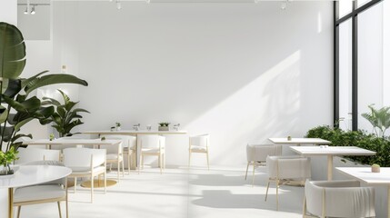 A stylish and contemporary cafe interior boasting a pristine white canvas backdrop, Minimalist cafe furnishings arranged for comfort and style, Modern minimalist style