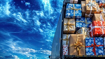 Colorful Christmas presents loaded on a truck under a vibrant sky, holiday gift transport
