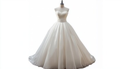 White wedding dress on a mannequin, isolated against a white background