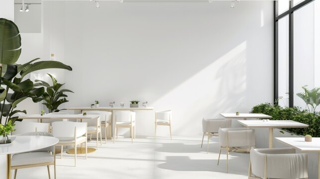 A stylish and contemporary cafe interior boasting a pristine white canvas backdrop, Minimalist cafe furnishings arranged for comfort and style, Modern minimalist style