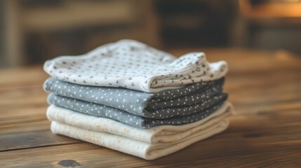 Non-toxic, organic cotton baby clothes folded neatly on a wooden table with soft natural lighting, conveying a sense of safety and sustainability.