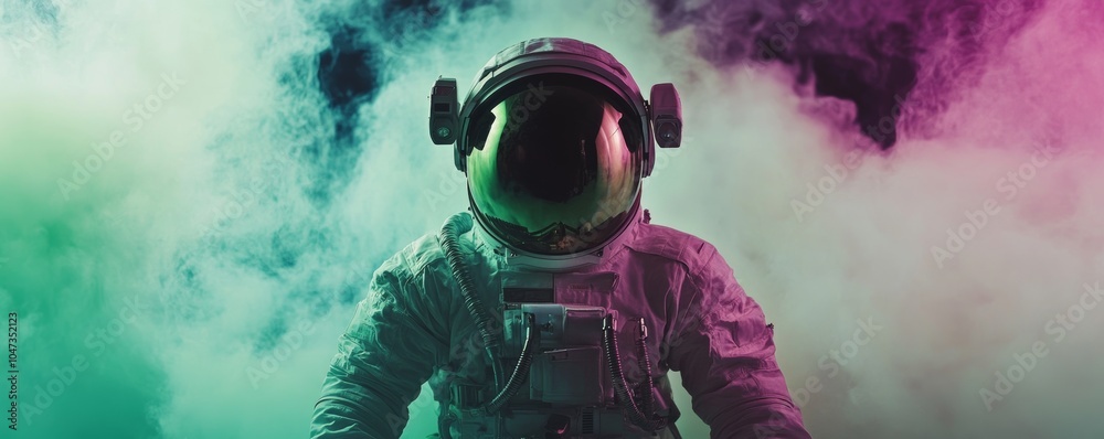 Poster astronaut exploring a new planet with colorful smoke and atmospheric effects