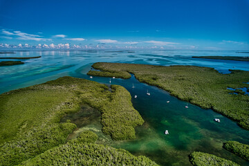 Aerial drone image of Wilson Key and the various channels leading to the Florida Bay and the Gulf of Mexico from the Overseas Highway