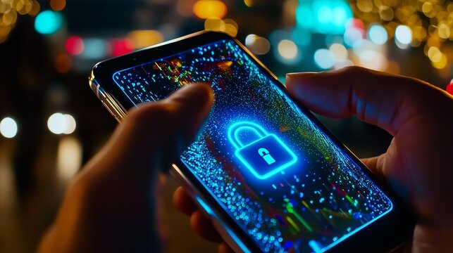 A hand holding a smartphone with a glowing padlock on the screen