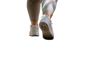 png, transparent background, isolated. sport and obesity.feet of obese person walking in the park with sports clothes and shoes.	