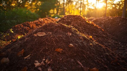 Fototapeta premium A close-up of rich, brown soil with scattered leaves