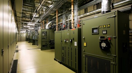 Military base power station with olive drab housing and secure facility hosting multiple units visible emergency protocols provided with professional technical documentation