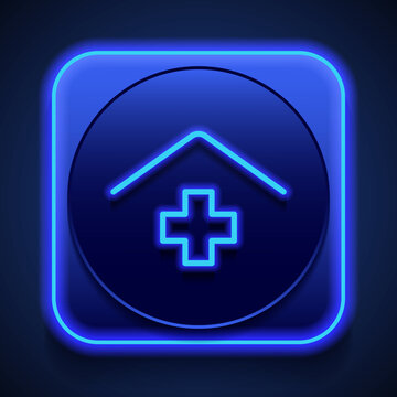 Clinic, hospital logo simple icon vector. Flat design. Blue neon style on button. With shadow