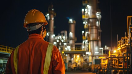 An oil refinery at night, with illuminated pipes and industrial towers, and workers in protective gear