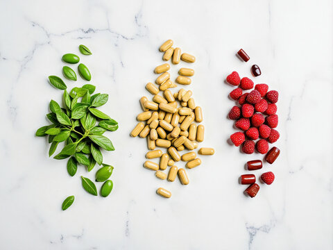 Natural weight loss supplement ingredients displayed in artistic composition, highlighting organic and natural elements