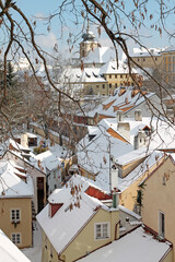 View of snowy Novy Svet and Hradcany districts. Winter time in Prague, Czech Republic.
