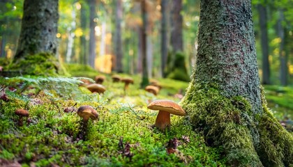 Obraz premium un bosque con arboles grandes y boletus y diferentes setas en el suelo 