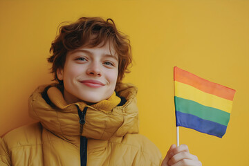 A non-binary person holding a colorful flag against a yellow background, 