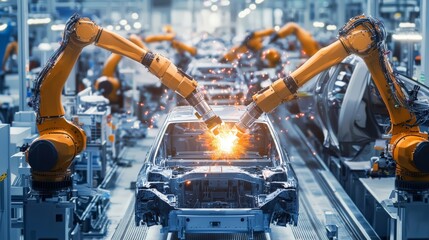 Assembly line in a modern automotive factory, robotic arms working, high-tech environment