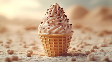 A soft serve ice cream cone with chocolate sprinkles sits on a sandy surface.
