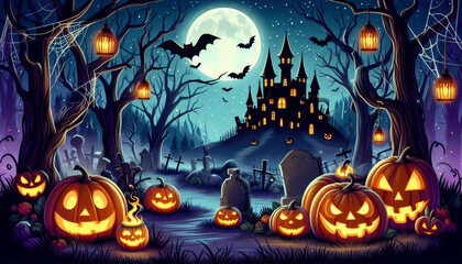 Fototapeta premium ilustración Halloween. calabazas, bosque encantado, murcielagos