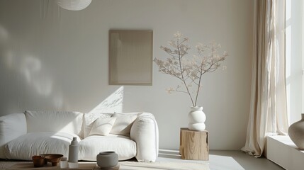 A tranquil living room design with a white canvas backdrop, Curated minimal furniture, Zen-inspired style