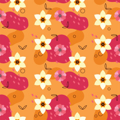 Colorful flower motif pattern with orange background