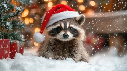 Raccoon wearing santa hat lying on snow in front of christmas tree and gifts