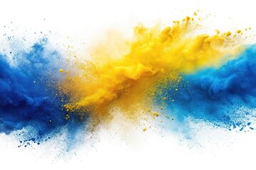 Yellow and blue powder splash on white background