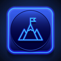 Achievement, success, mountain simple icon vector. Flat design. Blue neon style on button. With shadow