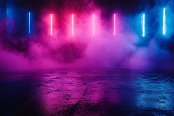 Neon Lights Reflecting on Wet Ground with Smoke