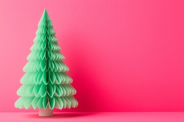 green Honeycomb paper Christmas tree on a red background, minimalist