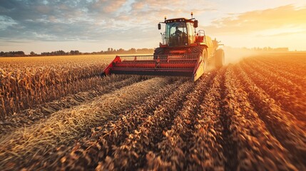 Fototapeta premium Automated machinery harvesting crops in a large field