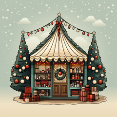 Cute little house, Christmas market, holiday gifts. Vector illustration