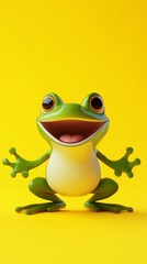 Happy green frog smiling and showing open arms on yellow background