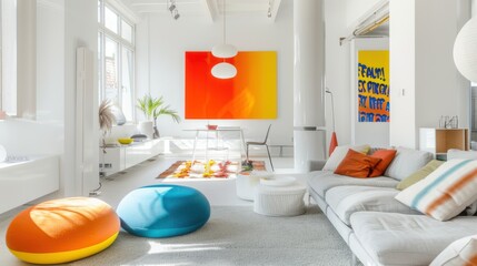 A vibrant living room design featuring a white canvas backdrop, Accented with minimalist furniture arrangements, Vibrant minimalist style