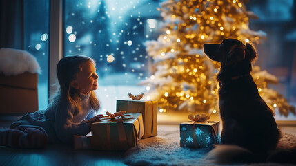 Heartwarming Christmas scene of a joyful girl and her loyal dog by a glowing Christmas tree, surrounded by presents, capturing the essence of warmth, friendship, and holiday magic.