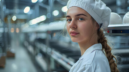 side view portrait of female worker pushing button while operating machine units at clean food production factory, copy space isolated on white background, vintage, png