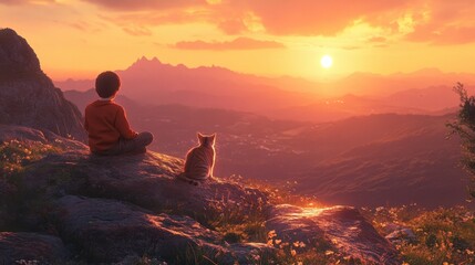 Obraz premium A child and a cat relaxing on a rocky outcrop, watching the vibrant sunset over distant mountains and valleys