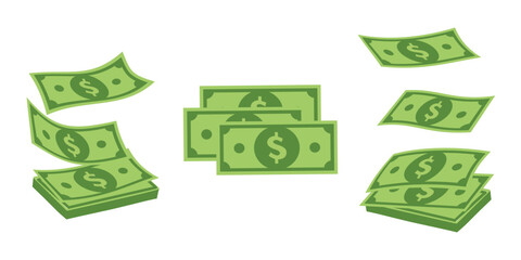 Set of money cash, dollar banknotes. Fly stack of paper, falling green bill. Financial payment, lottery win. Wealth and finance success.