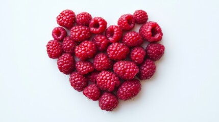 Fresh raspberries forming a heart shape on white background