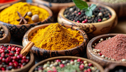 Fototapeta premium A collection of colorful spices in wooden bowls, including turmeric and coriander seeds, pink peppercorn powder, black cumin seeds, and fennel in porcelain jars on an old table at the market, close-u