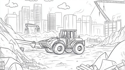 Construction site activity with a tractor working among piles of debris in a bustling cityscape on a sunny day, coloring page