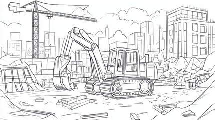 Construction site with a heavy excavator at work during a vibrant urban setting in broad daylight, coloring page